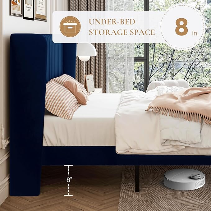 SHA CERLIN Full Size Velvet Bed Frame with Vertical Channel Tufted Wingback Headboard, Upholstered Platform Bed with Wood Slats, No Box Spring Needed, Easy Assembly, Blue