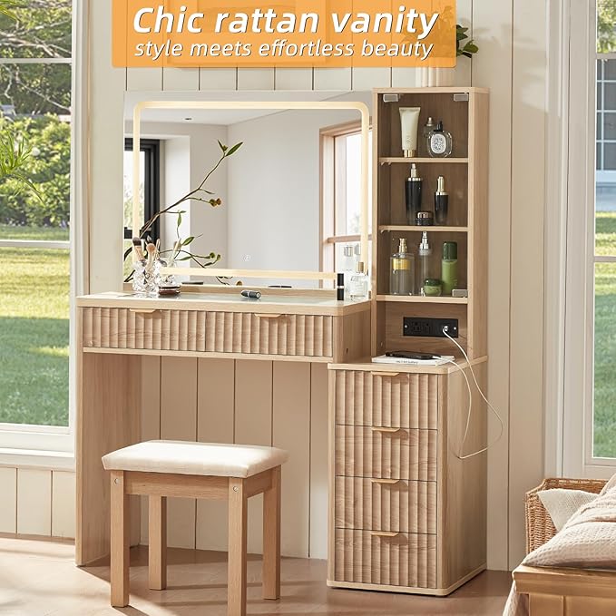 LEYAOYAO Vanity Desk with Mirror and Lights with Stool, 43.5'' Fluted Makeup Vanity with 6 Drawers and Adjustable Shelves,Wood Make Up Vanity Set with Glass Top and Power Outlet for Bedroom