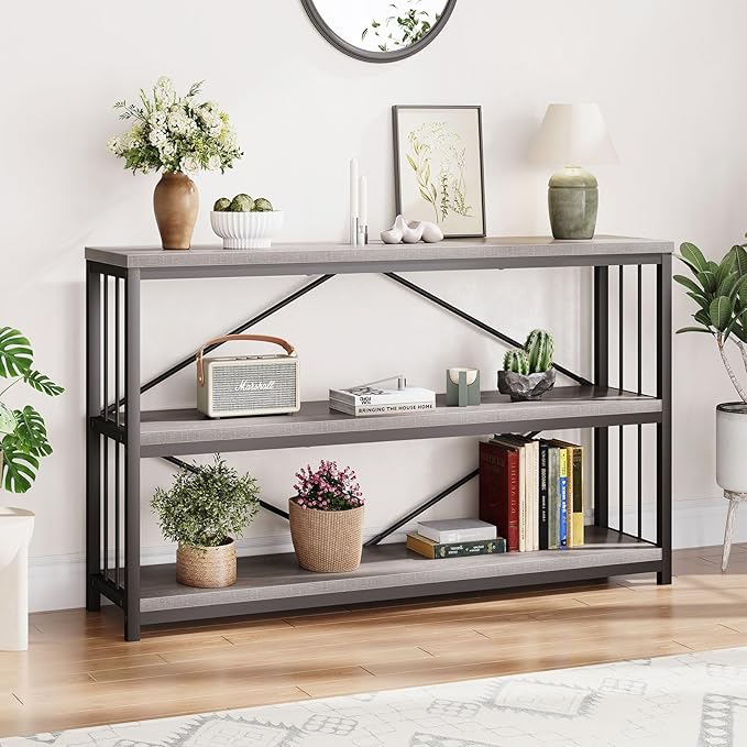 LVB Farmhouse Entryway Table, Metal Wood Console Table for Hallway, Industrial Rustic Sofa Table with 3-Tier Storage Shelf, Modern Entry Table for Foyer Front Home Living Room, Light Grey Oak, 47 inch