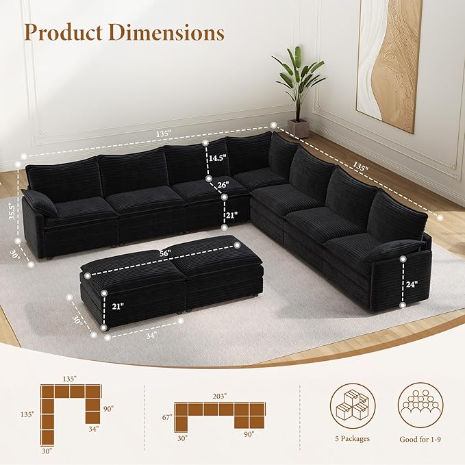 Vesgantti Large Modular Sectional Sofa, Big Comfy Cloud Couch with Ottoman Deep Seat Corduroy Cloud Sofa, 9 Seater Large Sectional Couches for Living Room, Bedroom and Apartment, Black