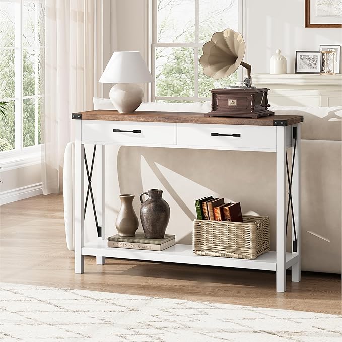 43” Entryway Table with Drawers, Narrow Console Sofa Table with Storage & Shelves, Farmhouse Entryway Console Table for Hallway, Living Room - White