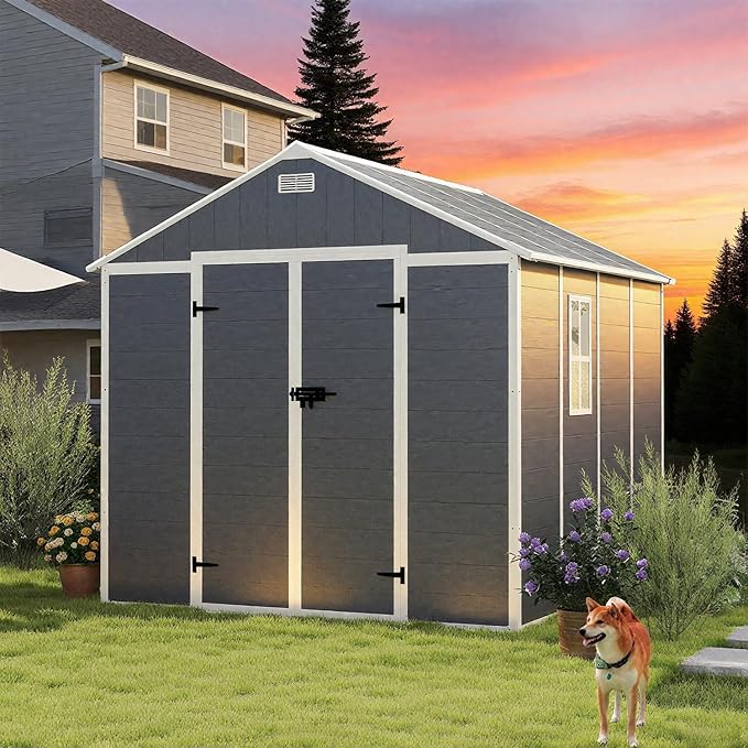 8x8 FT Outdoor Storage Resin Shed with Floor, Plastic Garden Tool Shed with Sloped Roof, Lockable Door & Windows, Easy to Assemble Bike Shed for Lawn, Backyard, Patio, Black