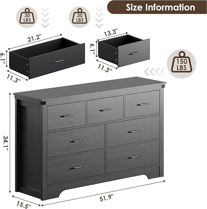 Farmhouse 7 Drawer Dresser for Bedroom, 51" Wide Chest of Drawers, Wooden Dresser TV Stand, Storage Dressers Organizer for Bedroom, Living Room, Hallway, Black