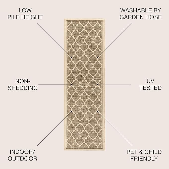 Eyely BMS109A-220 Santa Monica Trebol Moroccan Trellis Textured Weave, Pet Friendly, Non-Shedding, Stain Resistant, Easy-Cleaning, Brown/Beige, 2 ft. x 20 ft., Indoor/Outdoor, Runner Rug