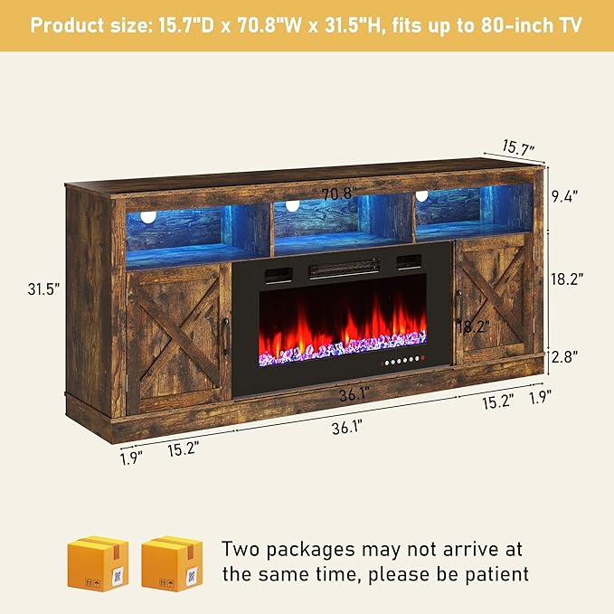 Farmhouse TV Stand with 36" Fireplace for 80" TV, 70" Entertainment Center with Barn Doors and LED Light, Tall Fireplace TV Stands for Living Room, Rustic Brown