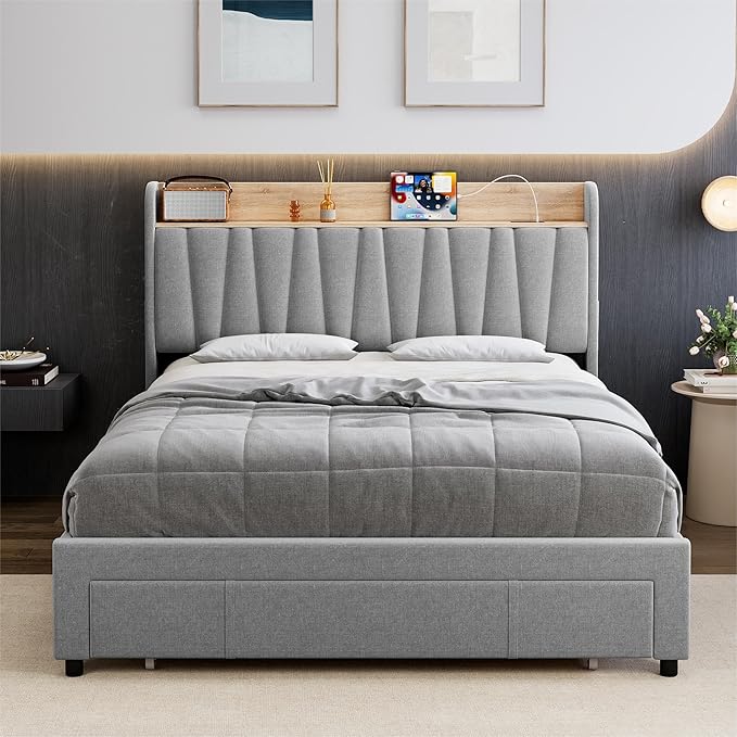 GarveeHome Upholstered Bed Frame with Storage Headboard and Charging Station, Platform Bed Frame with Drawers, Heavy Duty, No Box Spring Needed, Easy Assembly, Grey, Full Size