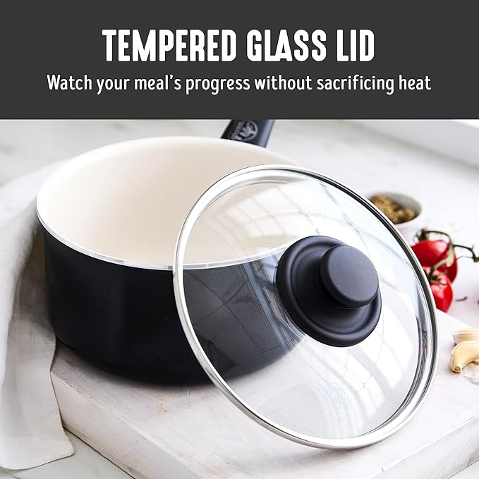GreenLife 2QT Nonstick Saucepan with Glass Lid, Soft Grip, PFAS-Free Ceramic, Multipurpose Chef Pan, Milk & Sauce Cooking Pot, Dishwasher & Oven Safe to 350˚F, Stay-Cool Handle, Black
