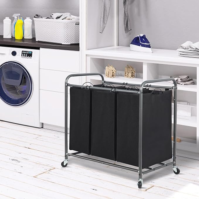 STORAGE MANIAC 3 Section Laundry Sorter, 35.9 Gal (136 L) Laundry Hamper Cart with Heavy Duty Rolling Lockable Wheels and Removable Bags, Clothes Organizer Basket Clothes Separator Hamper, Black