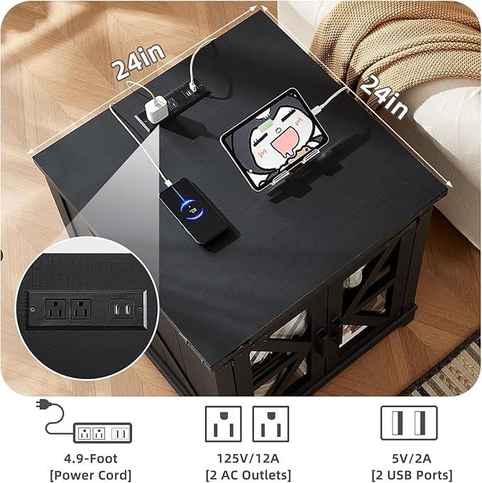 Farmhouse Coffee Table Sets 2 Pieces, Large End Side Tables with Charging Station and Coffee Table with Hidden Storage Compartment, Black Living Room Table Set, Wood Furniture Sets for Home Office