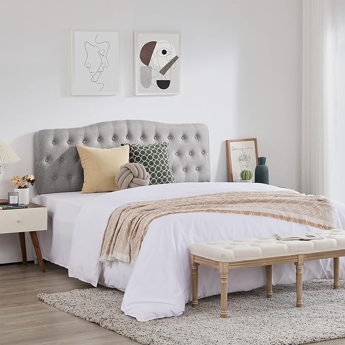 Upholstered Full Headboard, Button Diamond Tufted Headboards with Adjustable Height and Solid Wood Leg, Linen Fabric Padded Headboard for Full Size Bed, Mordern Head Board, Grey