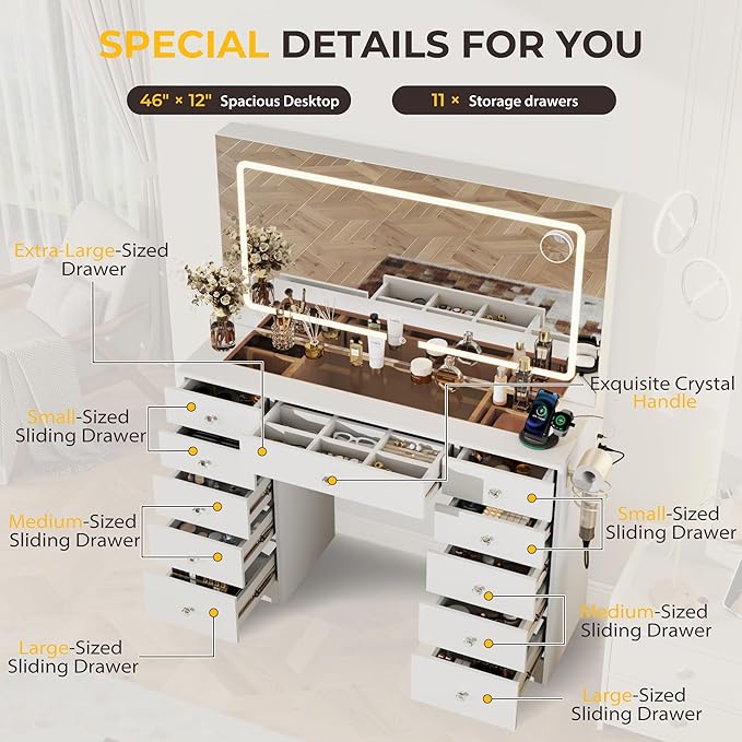 White Makeup Vanity, 11 Drawers Vanity Mirror with Lights, Makeup Vanity Desk with 3 Lighting Modes Adjustable Brightness, Vanity with Glass Top for Bedroom