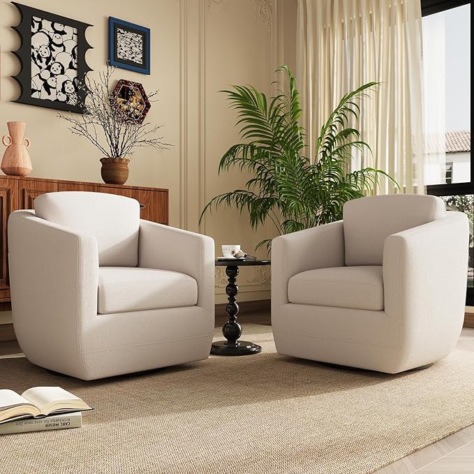 COLAMY 360° Swivel Accent Chair Set of 2 with Pillow, Living Room Armchair No-Sag Foam & Sturdy Metal Base, Fully Assembled Swivel Single Sofa for Bedroom Living Room, Reading Room, Beige