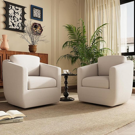 COLAMY 360° Swivel Accent Chair Set of 2 with Pillow, Living Room Armchair No-Sag Foam & Sturdy Metal Base, Fully Assembled Swivel Single Sofa for Bedroom Living Room, Reading Room, Beige