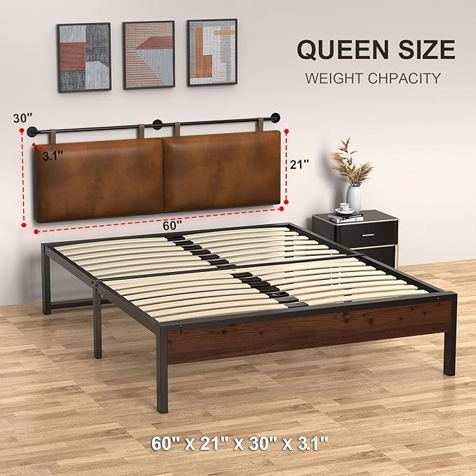Queen Headboard, Hanging Headboards with Brown Faux Leather Industrial Pipe Modern Style Only for Bed Backboard (Brown Leather, Queen)