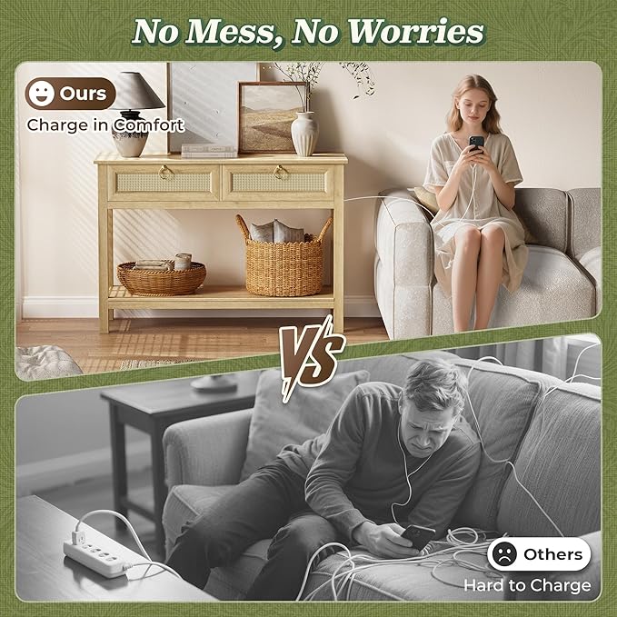 SUPERJARE Rattan Console Sofa Table with Outlets and USB-C Port, 2 Drawer Entryway Table with Synthetic Rattan Surface, 39 Inch, Open Shelf, Behind Couch Entry Foyer Hallway Storage, Natural