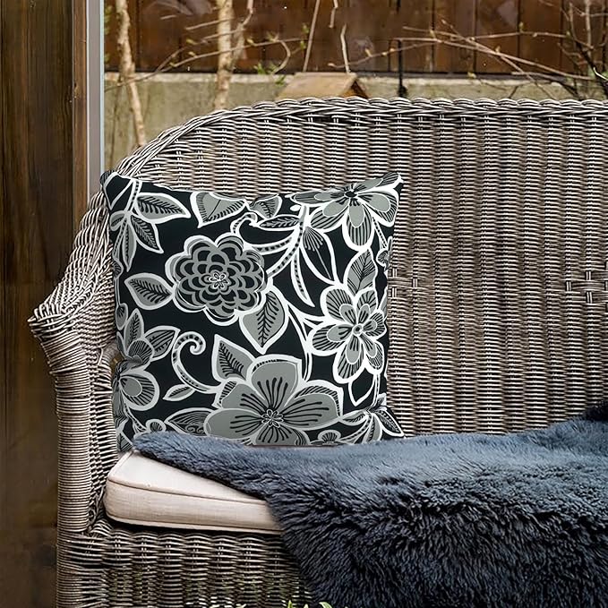 Outdoor Pillow Covers for Patio Furniture 20x20 Inch, Decorative Patio Throw Pillow Covers Set of 2, Modern Square Cushion Cases for Porch Garden Home Office,Flower Black