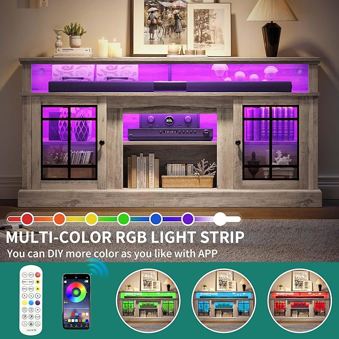 YITAHOME Modern TV Stand for 75 Inch TV, LED Entertainment Center with Adjustable Shelves and Glass Doors, 32'' Tall Television Stands TV Media Console Table for Living Room, Pine Grey