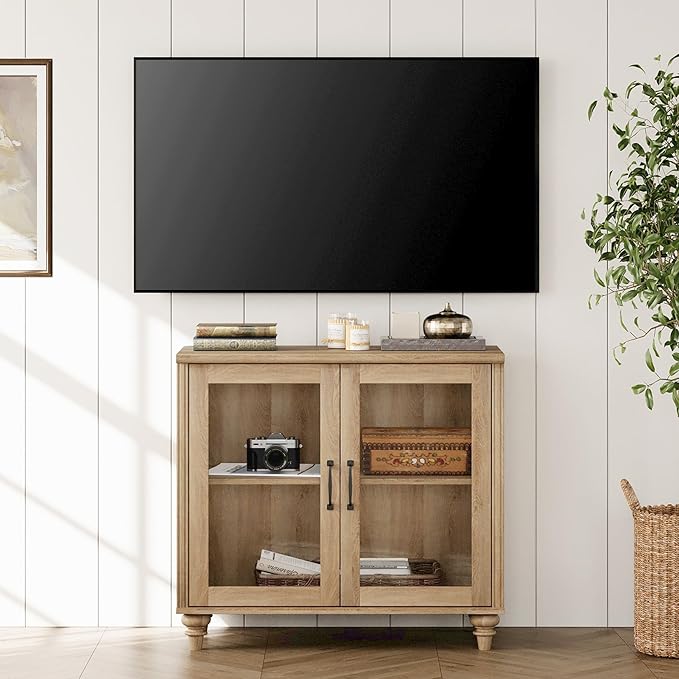 WAMPAT Farmhouse TV Stand for TVs Up to 43 inch, Glass Wood Universal TV Stand with 2 Storage Cabinets, Oak Entertainment Center for 32-43 inch TV Console Table for Living Room, Bedroom