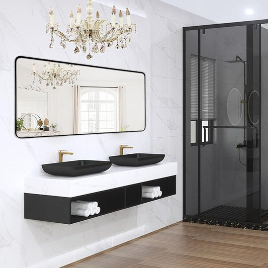 Wall Mount Mirror for Bathroom, Brushed Black Metal Framed Large Rounded Corner Rectangular Vanity Mirror, Tempered Glass (28" x 60", Black)