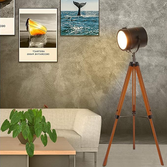 Industrial Vintage Black Tripod Floor Table Lamp - Modern Adjustable Height Wooden Nautical Cinema Searchlight - Spotlight Standing Reading Light for Living Room Bedroom Office Decoration(no Bulb)