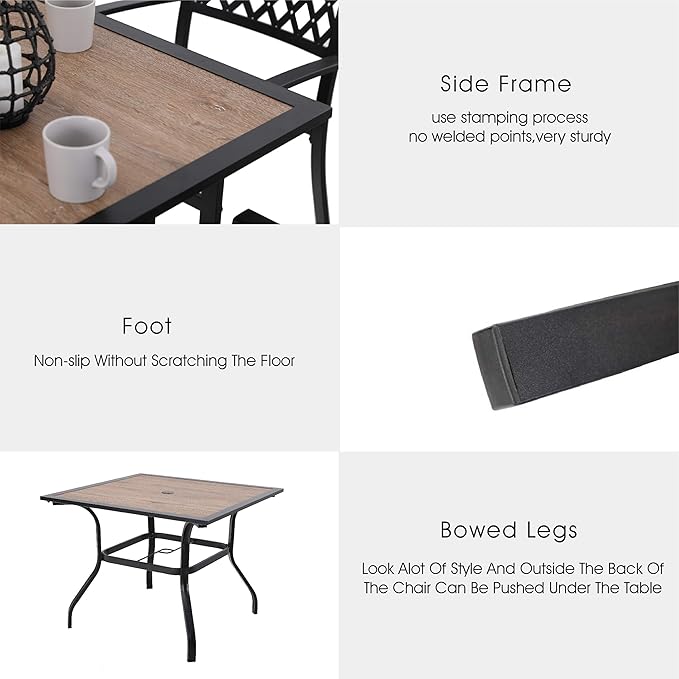 PHI VILLA Outdoor Conversation Set of 5 Piece Patio Furniture Dining Set for 4 Metal Chair Dining Table Set Modern Patio Wood-Like Table with Umbrella Hole for Outdoor Garden,Patio,Yard,Bistro