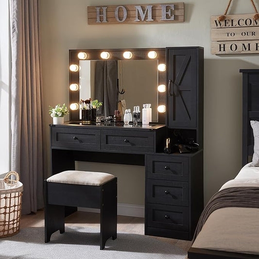 JXQTLINGMU Farmhouse Vanity Makeup Desk with Charging Station, 43" W Vanity Desk with Lights Mirror and Drawers for Makeup, Big Modern Makeup Table Set with Stool for Bedroom, Black