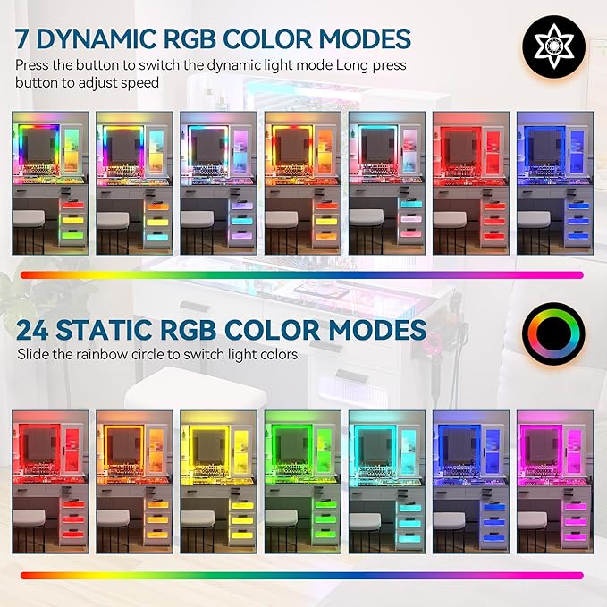 HENBC Vanity with Mirror and LED Lights, Glass Top Vanity Desk with Charging Station(Wireless+USB+Type-C), RGB Makeup Table Set with Stool/Makeup Organizer/6 Drawers (White)