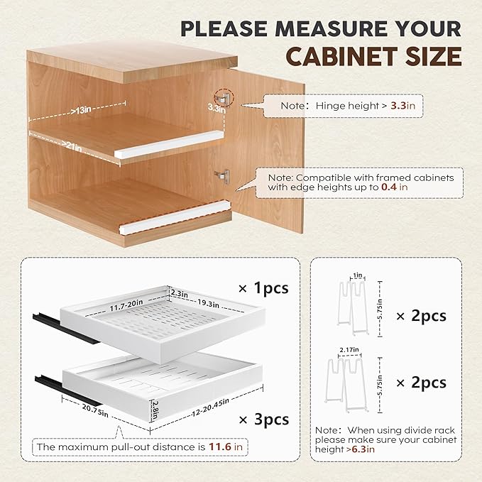 4Pack Expandable Pull Out Cabinet Organizer 21"Deep with Raising Pad for Framed Cabinets,Slide Out Drawers with 4pcs Divider Racks,Roll Out Shelves Adhesive,Adjustable Width 12.05"-20.4"White