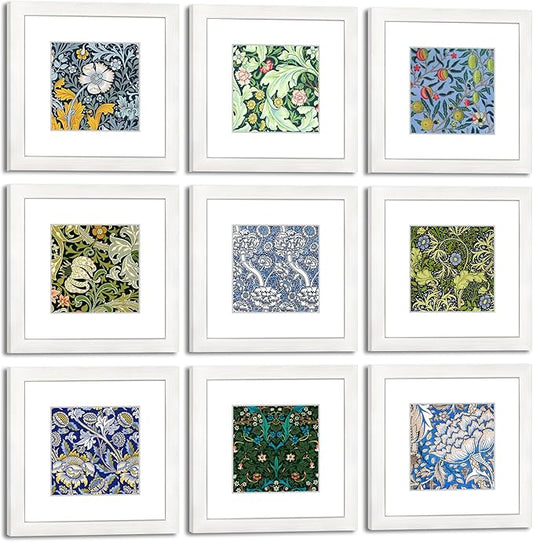 8x8 Picture Frame Set of 9 for Pictures 5x5 with Mat or 8x8 Without Mat, Wall Gallery or Tabletop display Photo Frames in White