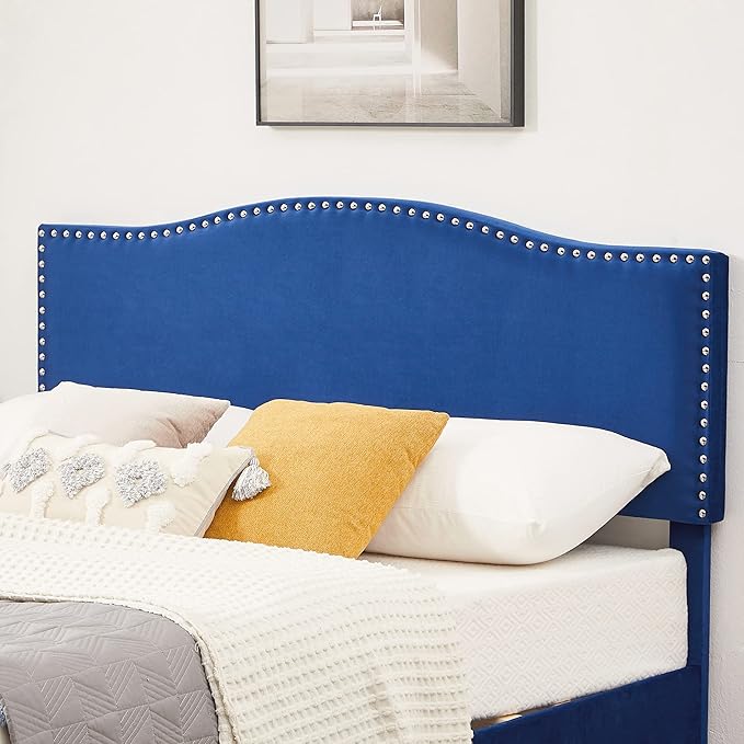 VECELO Queen Bed Frame, Platform Bed Frame with Adjustable Height Upholstered Headboard, Heavy-Duty Frame and Strong Wooden Slats Support, Non-Slip and Noise-Free, Easy Assembly, Dark Blue