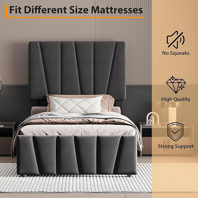 GarveeHome Twin Size Bed Frame with Adjustable Headboard and 4 Storage Drawers, Velvet Upholstered Tufted Twin Platform Bed Frames with Wooden Slats Support,Twin Bedframe No Box Spring Needed, Grey