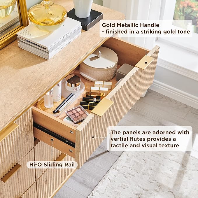T4TREAM 6-Drawer Dresser Fluted Design, with Gold Accents (Natural Oak)