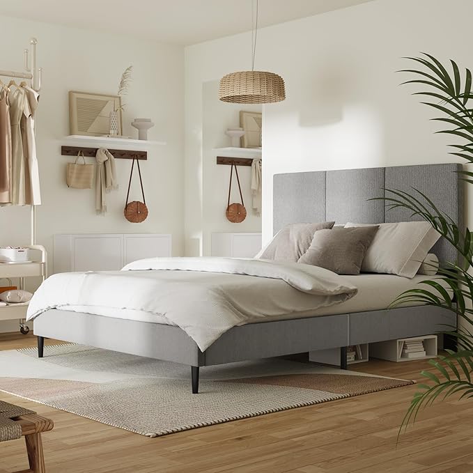 Full Size Bed Frame with Headboard, Vertical Channel Fabric Heavy Duty Full Size Bed Frame, No Springs Required, Easy to Assemble, Metal Platform Bed Frame, Grey