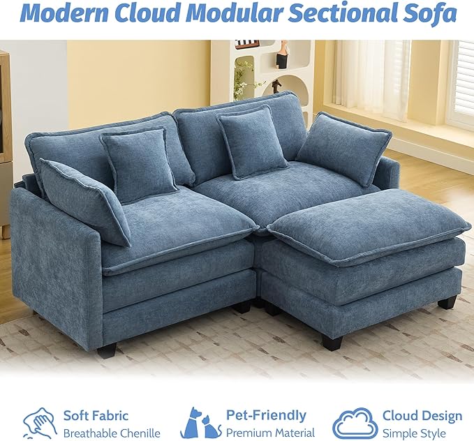 76'' Cloud Deep Seat Loveseat Sofa, Upholstered Chenille Modular 3-Seats Sectional Sofa Couch with Movable Ottoman, Modern Comfy Settee Loveseat for Living Room Set, Small Apartment, Blue
