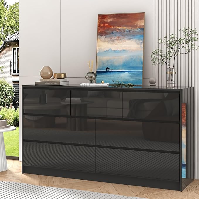 Black Malm Dresser for Bedroom, 55 Inch Long High Gloss Dresser with 7 Drawers, Modern Large Wood Chest of Drawer Handle Free, Living Room, Entryway, Hallway, Black