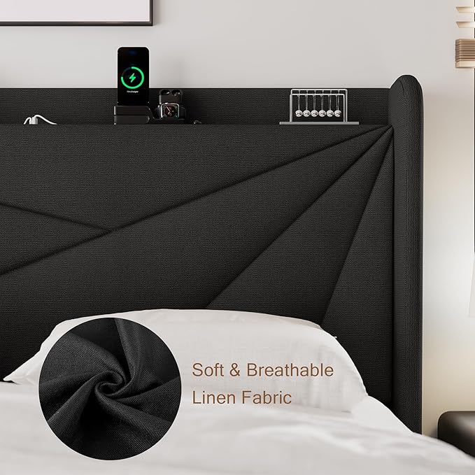 King Size Upholstered Bed Frame with Charging Station, Platform Bed Frame with Storage Headboard, Solid Wood Slats Support, No Box Spring Needed, Black