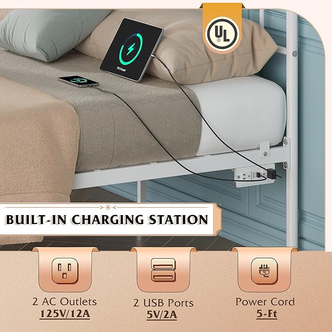 WLIVE Queen Bed Frame with Headboard, Bed Frame Queen Size with LED Lights and Charging Station, Metal Bed Frames with Storage, White