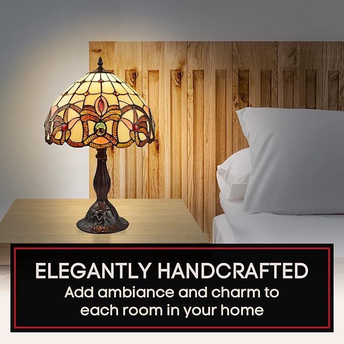 Amora Vintage Tiffany Table Lamp - Frosted White Stained Glass Nightstand Lamp - Geometric Table Night Light - 19” Stained Glass Lamps for Living Room