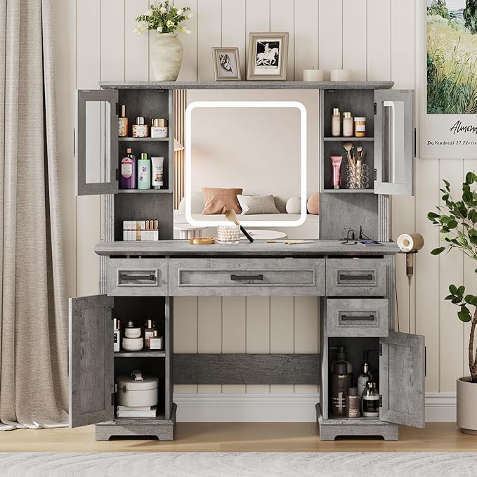 Maupvit Farmhouse Vanity Desk with Mirror and Lights, Makeup Vanity Table with Charging Station, 45" Bedroom Table with 4 Drawers and Cabinets, 3 Lighting Modes, Grey