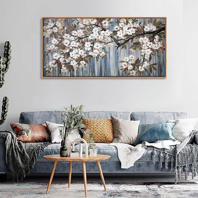 Large Canvas Framed Wall Art White Flowers Modern Canvas Wall Pictures for Living Room, Bedroom Family Wall Decor Decoration, Size 24x48 Wall Art(With Soild Wood Dark Framed)