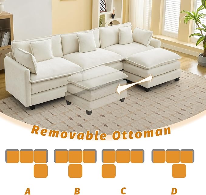 111'' Sectional Cloud Deep Seat Couch, Modern Comfy Chenille L Shaped Sectional Sofa for Living Room Set, Upholstered Modular 4-Seats Sofa Couch with Movable Ottoman, Beige