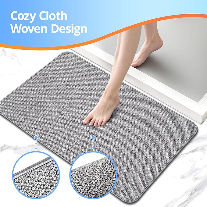 Upgraded Thin Bathroom Rugs, Bath Mat Super Absorbent, Bath Rugs Rubber Backing Non-Slip, Quick Dry Machine Washable, Cozy Cloth Bathroom Mat fit Under Door/Sink/ Bathtub/Floor/Shower 24''x48''-Gray