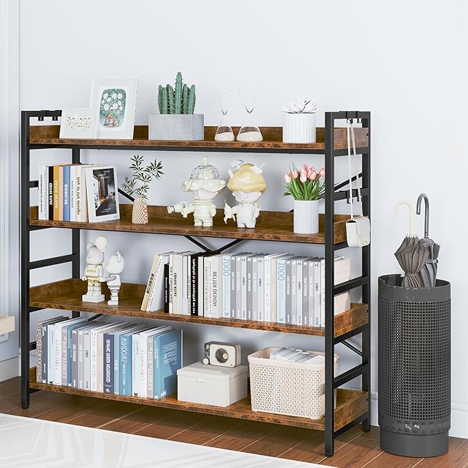 HCHQHS 4 Tier Bookshelf, Adjustable Industrial Bookcase, Vertical Tall Book Shelf, Wood and Black Metal Open Bookshelves for Home Office, Living Room, Bedroom