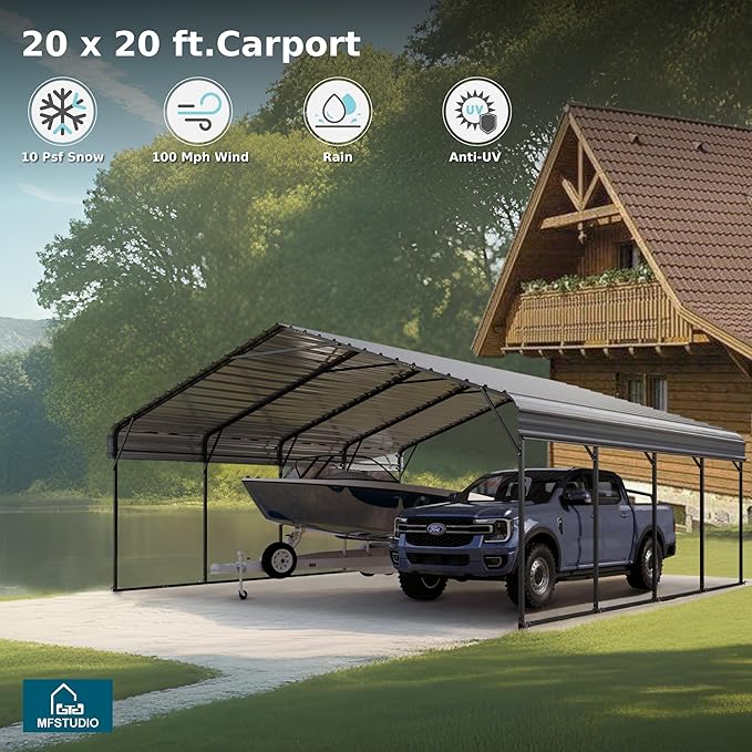 MFSTUDIO Carport 20x20 ft, Outdoor Heavy Duty Metal Shed Carports, Metal Garage Car Shelter Shade Car Port with Galvanized Roof, Frame and Bolts for 2 Cars, Truck and Boats