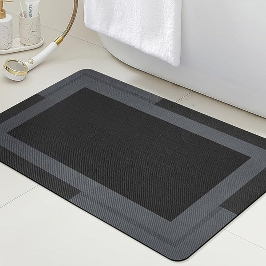 Ultra Thin Bath Mats Fit Under Door, Upgrade Backing Non Slip Bath Mat, Quick Dry Ultra Absorbent Bath Mat, Machine Washable Bathroom Rugs for Bathroom Floor, Bathtub, Kitchen, Black, 24"x17"