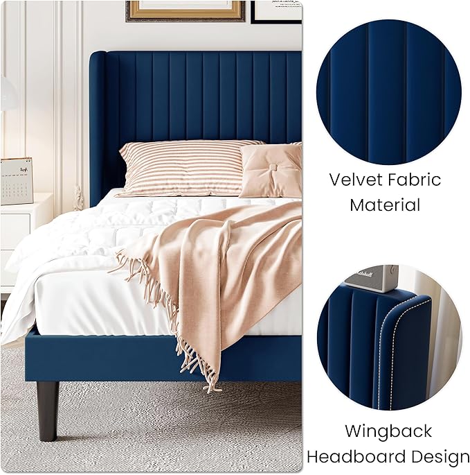 SHA CERLIN Queen Size Velvet Bed Frame with Vertical Channel Tufted Wingback Headboard, Upholstered Platform Bed with Wood Slats, No Box Spring Needed, Easy Assembly, Blue