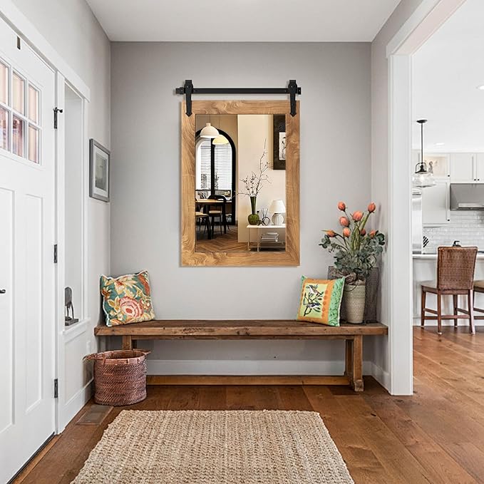 Farmhouse Barn Door Mirror 22”x32” Rustic Decorative Vanity Mirrors Wall Decor Mirror for Bathroom Living Room Entryway