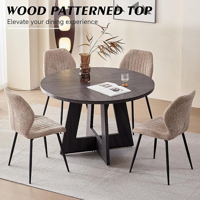 47" Round Dining Room Table Set for 4, [Fanned Base] [1.38" Thick Top] Wood Kitchen Table with 4 Boucle Dining Chairs
