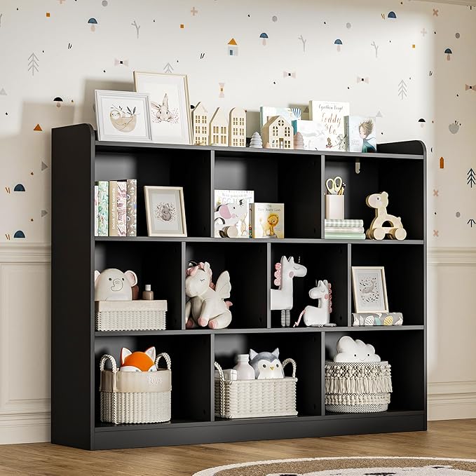 Black Bookshelf, Wood Bookcase with 3 Tier Open Shelves, 10-Cube Minimalist Storage Shelf for Living Room, Bedroom, 55.1" W x 42.5" H