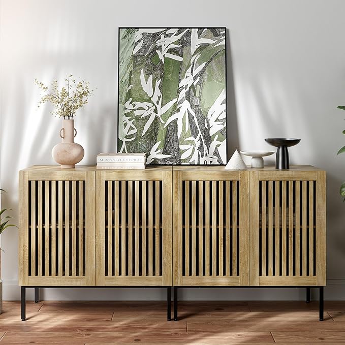 Farmhouse TV Stand for 70 Inch TVs, 2-in-1 Entertainment Center with Storage Cabinets & Metal Base,Oak Media Console for Living Room